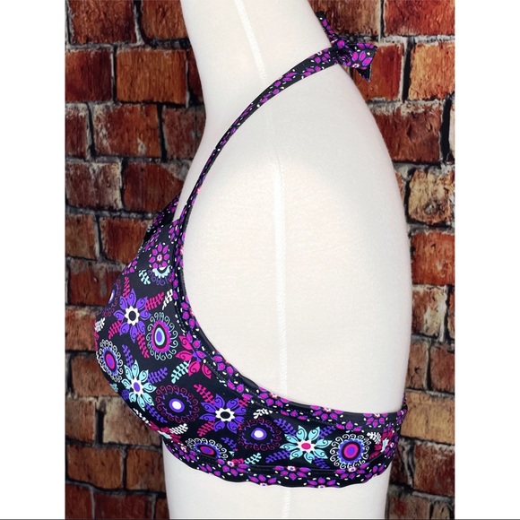Freya Black Purple Floral Women’s Banded Halter Bikini Swim Top Size UK US 38D - Picture 4 of 5